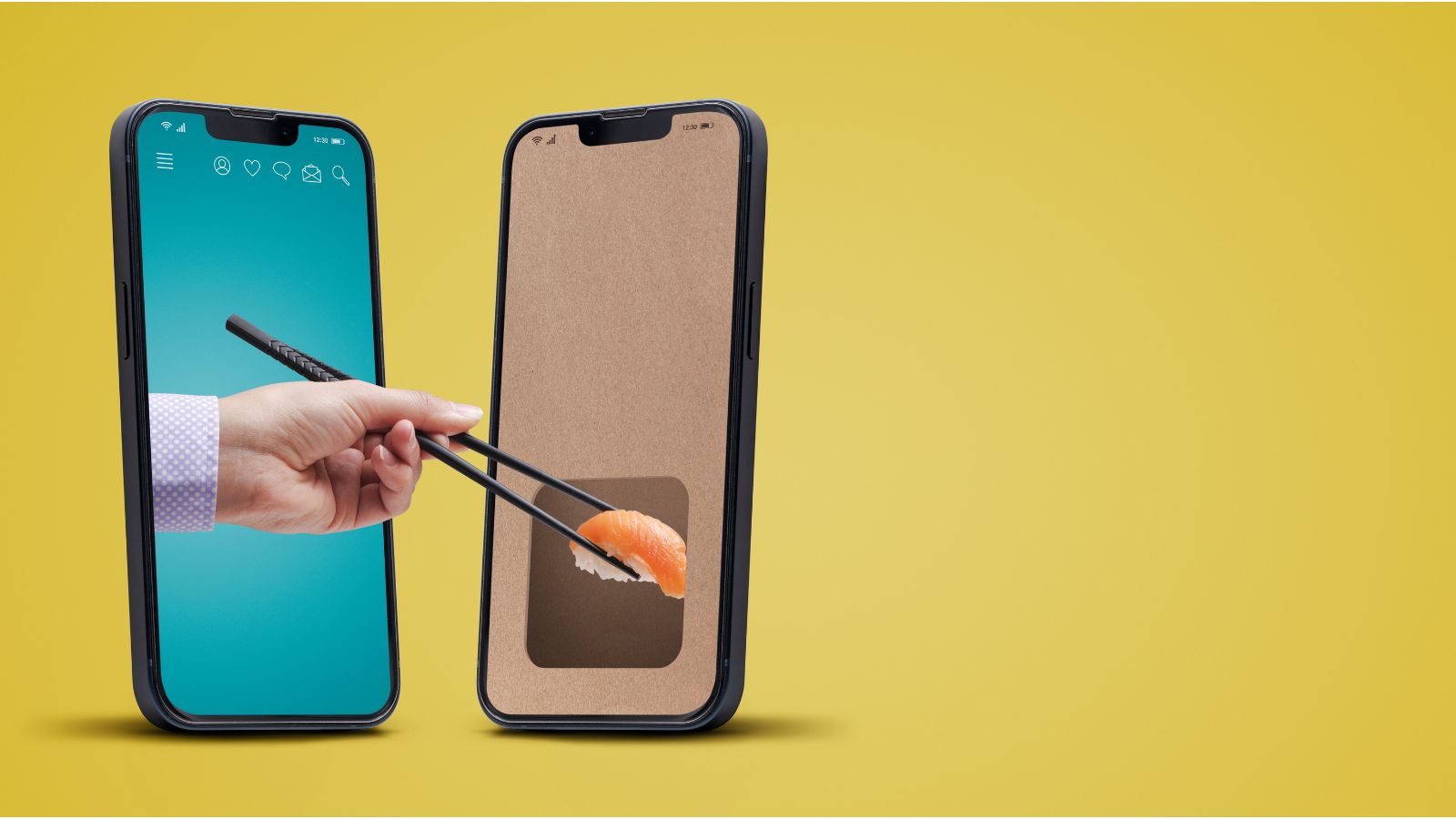 Dos teléfonos sobre fondo amarillo, con una mano que sale de una pantalla y toma un sushi de la otra con palillos
