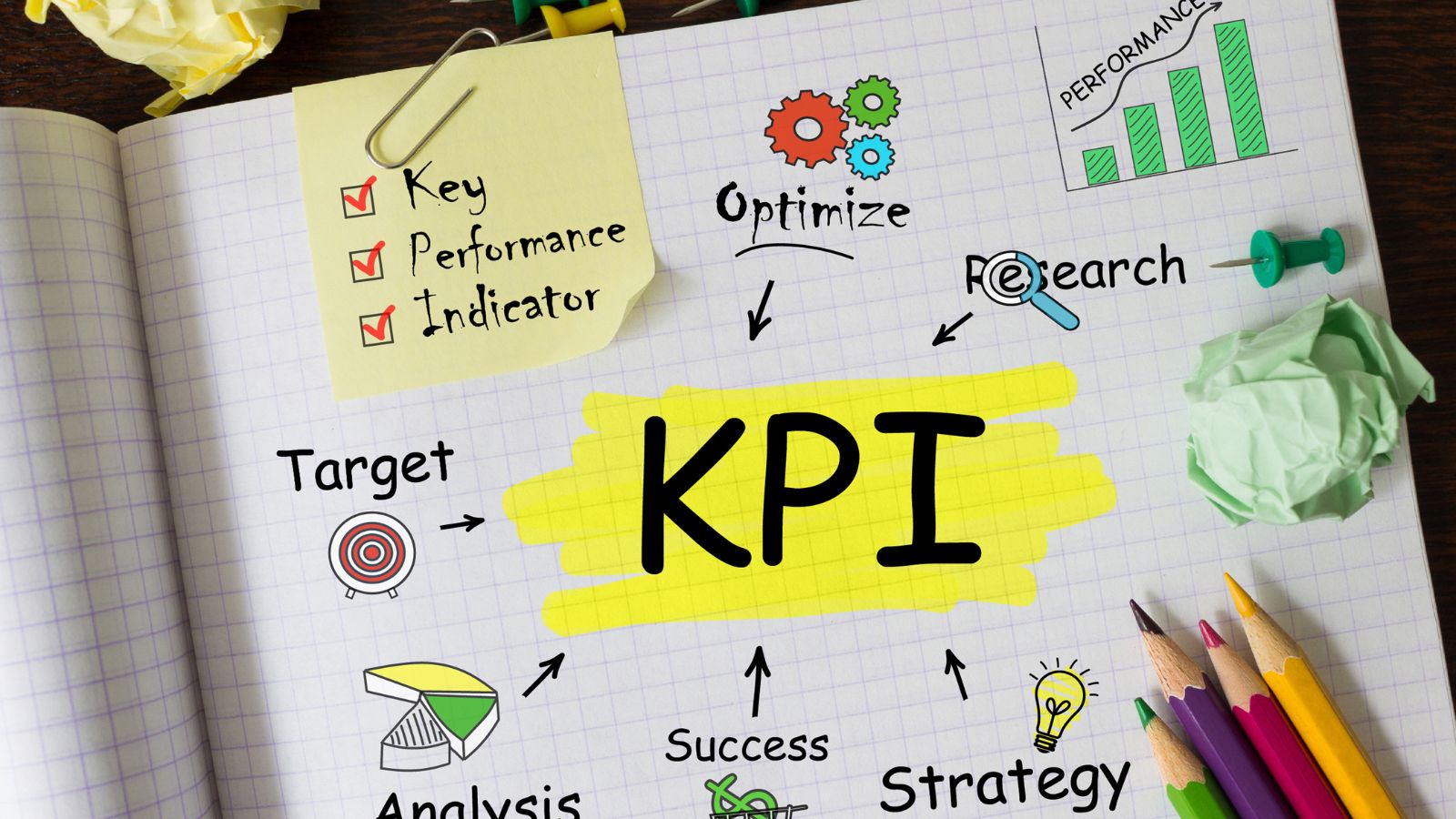 KPIs semanales para restaurantes, cuaderno con la palabra KPI destacada y notas sobre indicadores de desempeño