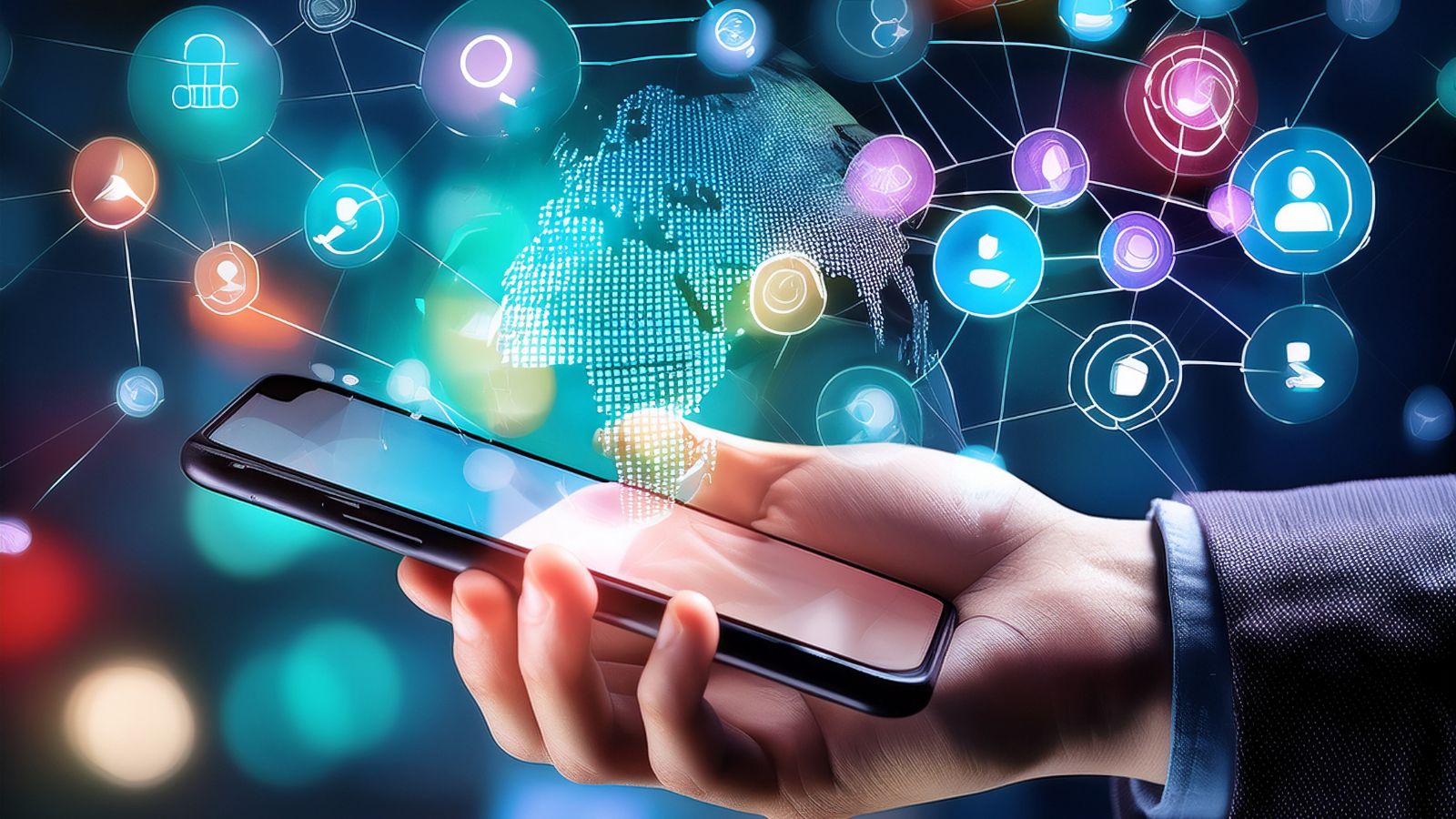 Mano sosteniendo un teléfono del que salen íconos de redes sociales conectados entre sí sobre un globo digital